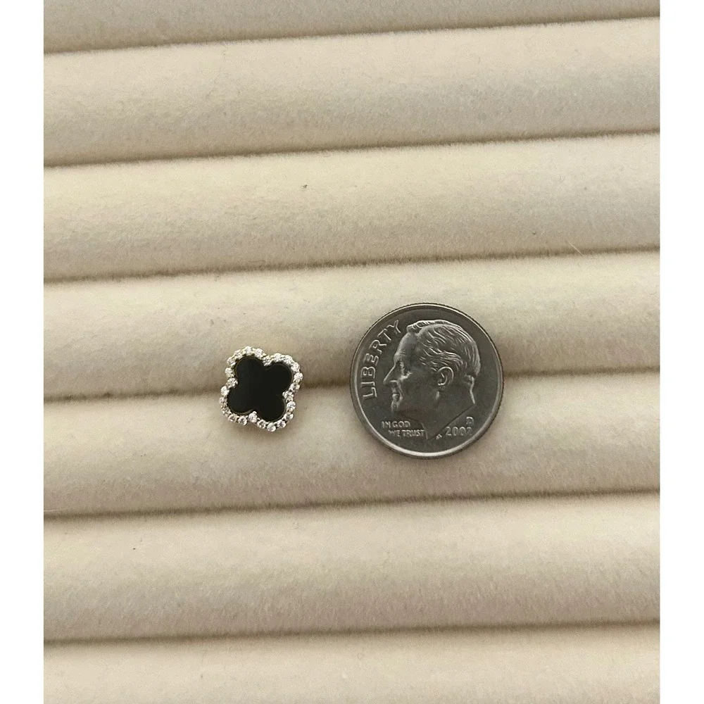 Black Agate 4 Leaf CZ Halo Stud Earrings 925 Sterling Silver 10mm